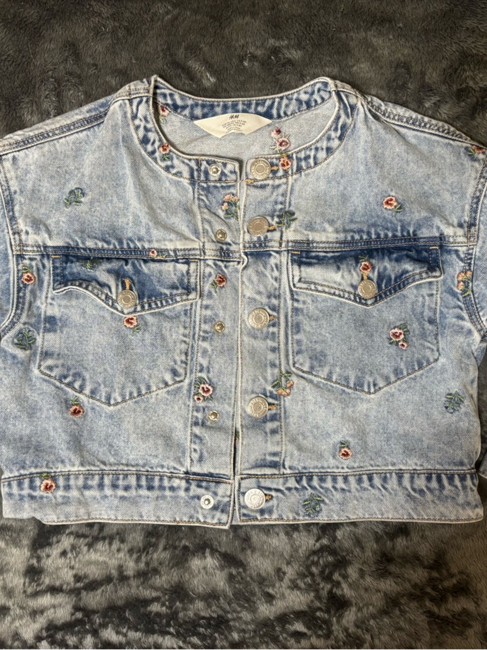 H&M Light Blue Denim Jacket with Pink Floral Embroidery